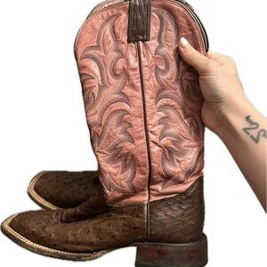 Brown and Pink Ostrich Boots